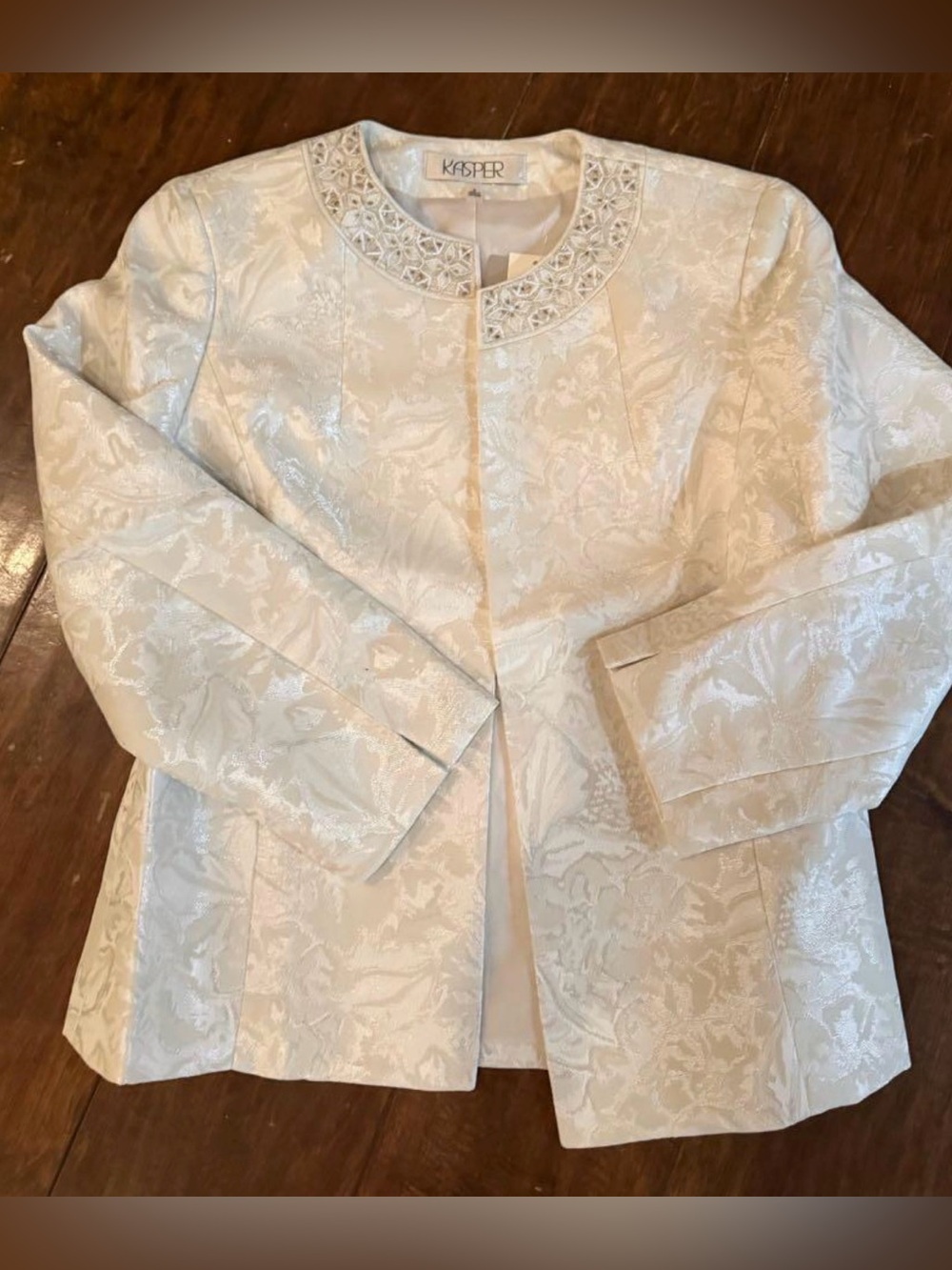 Kasper White Jacquard Brocade Beaded Open Front Dressy Blazer Jacket 18W - Picture 2 of 10